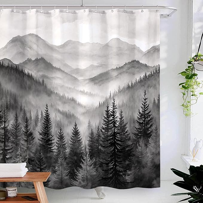 Accnicc Forest Mountain Shower Curtain Black and White Nature Misty Pine Tree Shower Curtains for Bathroom Dark Grey Foggy Rustic Woodland Decorative Waterproof Fabric Bath Curtain Decor 72×78 Inches