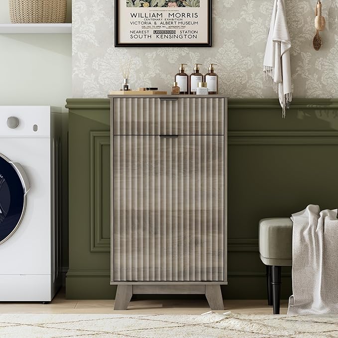 Double Tilt Out Laundry Hamper Cabinet, 20 Gallon Wooden Trash Can Cabinet with Storage Drawers, Hidden Fluted Garbage Can Holder for Kitchen, Living Room (Wood Grey, 20.47"W x 35.83"H x 13"D)