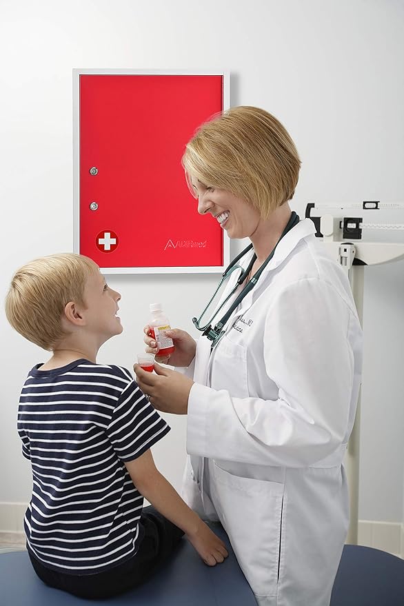 AdirMed Locking Medicine Cabinet Wall Mounted First Aid Cabinet with Lock, Lockable Wall Medicine Cabinet with Dual Lock and Dual Keys, 21" H x 16" W x 6" D, Red