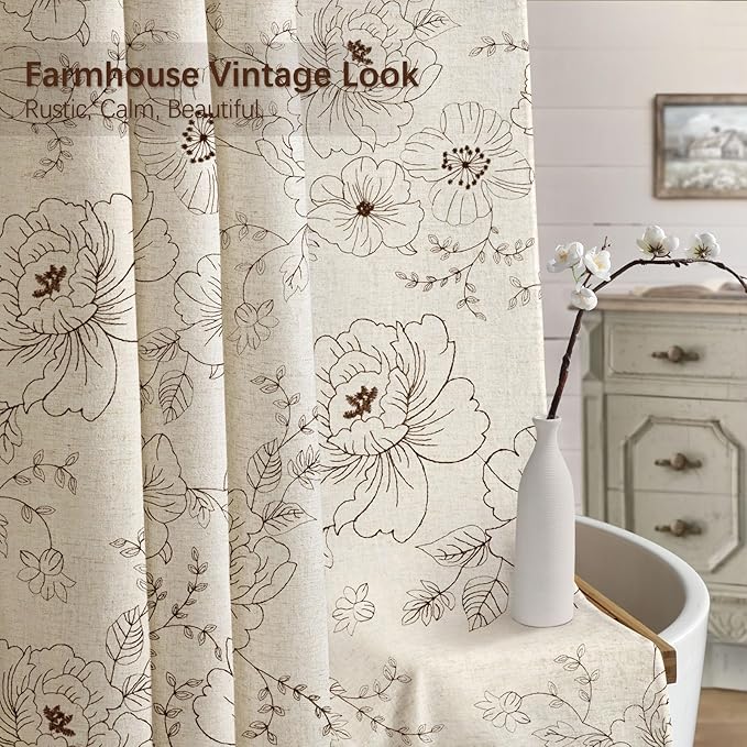 Farmhouse Floral Linen Shower Curtain, Vintage Brown Embroidered Pattern Rustic Shower Curtains for Bathroom, Tan Taupe,72x72