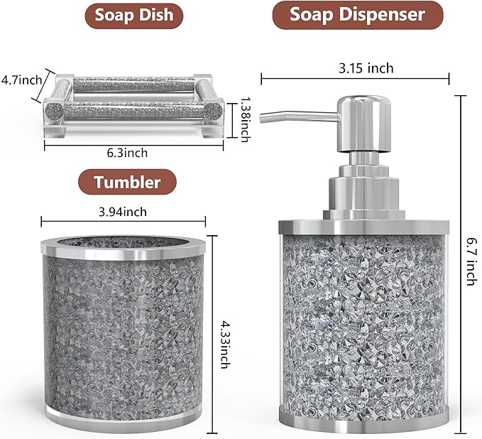 SHYFOY Bathroom Accessories Set, 3 Piece Silver Crystal Crushed Diamond Bathroom Accessory Decor Sets, Glass Bath Restroom Set Vanity Organizer Includes Soap Dispenser, Toothbrush Holder, Soap Dish