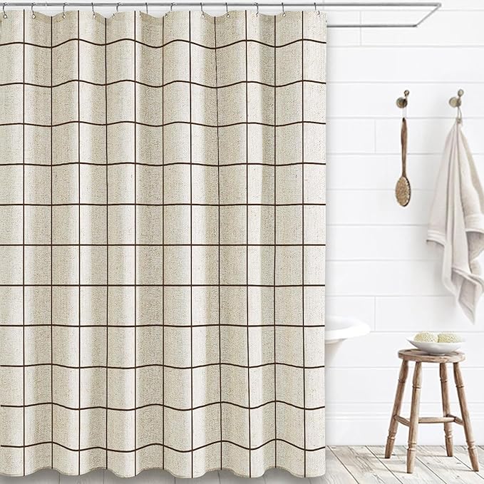 Farmhouse Plaid Shower Curtain Beige Linen Shower Curtains for Bathroom Natural Brown Pattern 72 x 72 Inch
