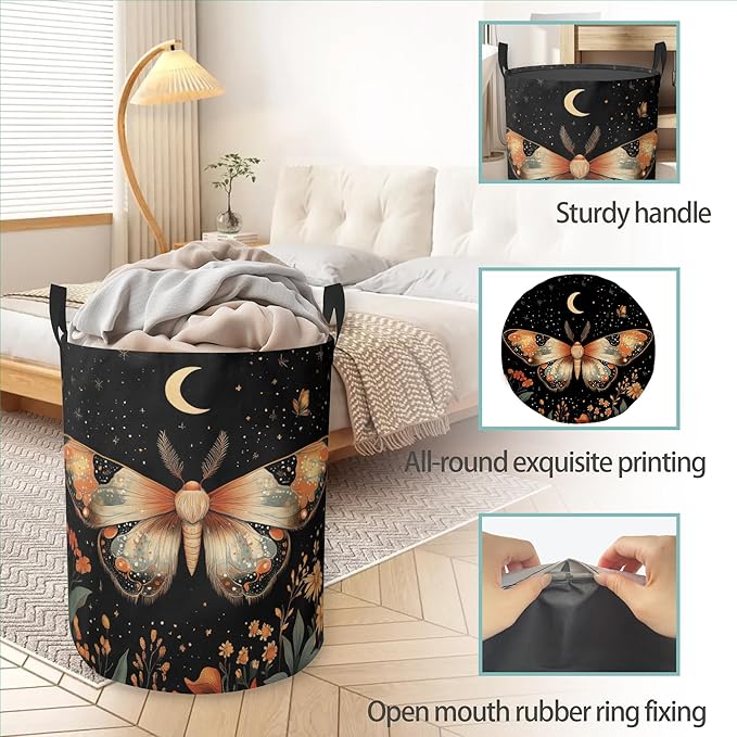 Starry Night Moths Butterfly Round Laundry Basket Collapsible Laundry Hamper with Handles Toys Clothes Organizer Bin For Home Bathroom Bedroom Dorm Nursery