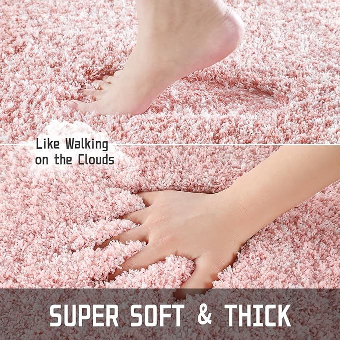 Yimobra Bath Rugs For Bathroom 32x20, Ultra Soft and Water Absorbent Bath Mats, Non Slip Plush Shower Mat Outside, Microfiber Thick Matts for Bathroom Floor/Tub, Machine Washable, Light Pink and White