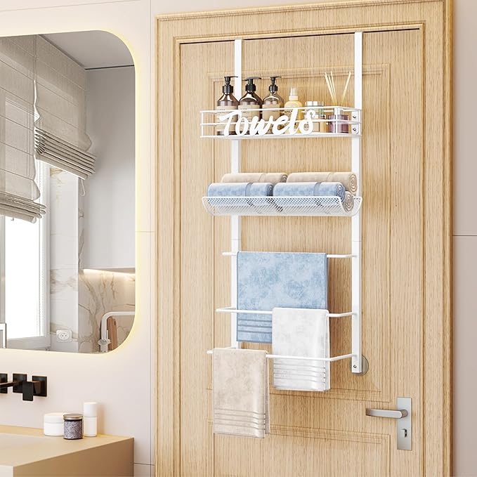 SWTYMIKI Over The Door Towel Racks for Bathroom - 5-Tier Wall Mounted Bathroom Towel Storage Organizer Holder with Metal Shelf, White