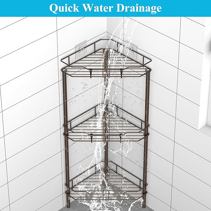 HuggieGems 3 Tier Floor Standing Corner Shower Caddy Organizer Shelf with Hooks, Bathroom Shelves Stand Rack, Bronze