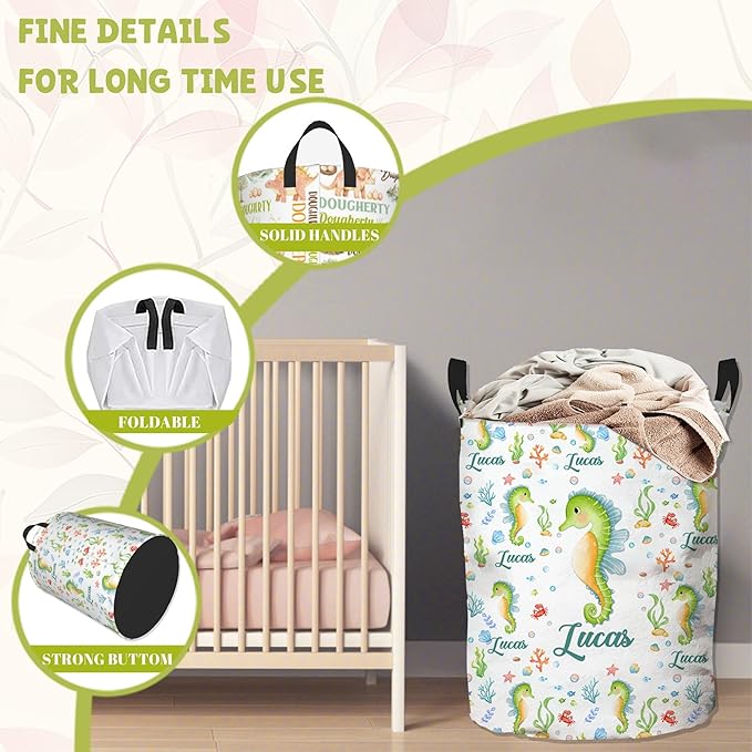 Personalized Seahorse Laundry Hamper, Ocean Themed Laundry Baskets with Custom Name, Collapsible Hamper for Kids Adults Home Decoration,16.5 X 13.8in