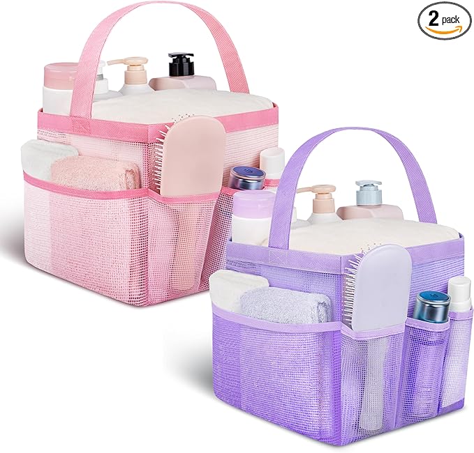Attmu 2 Pack Mesh Shower Caddy Portable for College Dorm Room Essentials with 8 Pockets, Hanging Shower Caddy Dorm Basket, Quick Dry Shower Bag for Bathroom