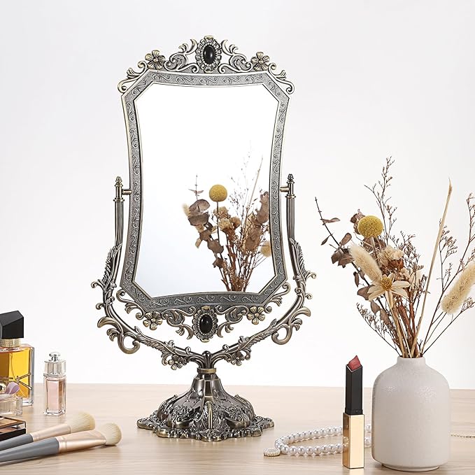 JUXYES Metal Tabletop Antique Decorative Makeup Mirror with Stand, Vintage 360° Swivel Double Sided Cosmetic Mirror with Frame, Retro Desktop Dressing Mirror Magic Mirror for Dresser