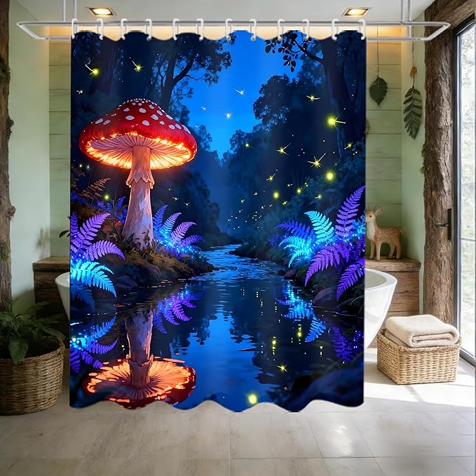 jieprom 4 Piece Blue and Purple Shower Curtain Set with Rugs, Magical Red Mushroom & Glowing Forest Art, Fantasy Aesthetic Waterproof Fabric Bathroom Decor with Non-Slip Mats & Toilet Lid Cover