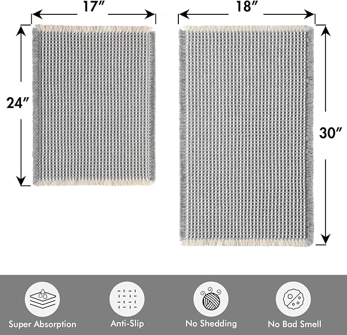 MIULEE Set of 2 Waffle Bathroom Rugs, Boho Bath Rugs Non Slip Washable, Super Absorbent Bath Mats, Ultra Soft Rubber Backed Shower Mats for Bathroom Floor, Tub, LightGrey & Cream, 17"x24"+18"x30"