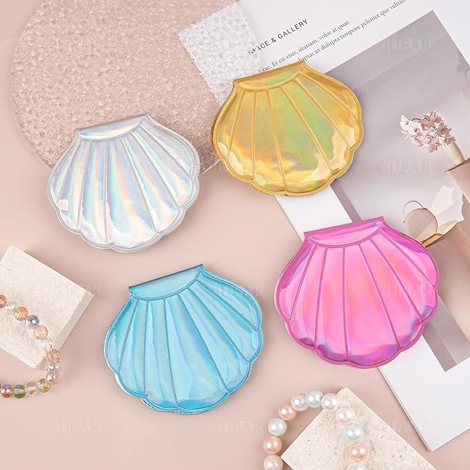 AUEAR, 4 Pack Glitter Shell Mirror Double-Sided Magnification Makeup Mirrors 4 Colors Mini Portable Foldable for Purse Handbag Pocket