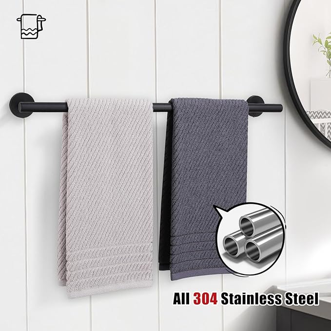 TURS Bath Towel Bar 27.6 Inch Towel Rack Stainless Steel Round Towel Holder Matte Black Wall Mounted
