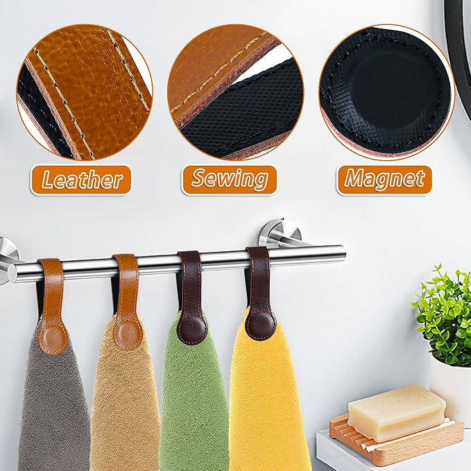 Leather Towel Clips - Magnetic Kitchen and Bathroom Accessory (4, Dark Brown)