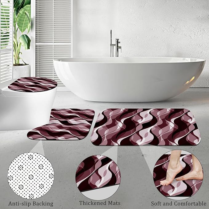 4PCS Burgundy Red Abstract Shower Curtain Sets with Rugs, Striped Bathroom Sets with Shower Curtain and Rugs, Modern Bathroom Curtains Shower Set with Toilet Lid Cover for Bathroom Decor