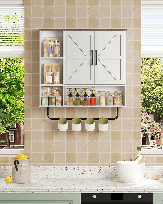 CHOEZON Bathroom Wall Cabinet, Medicine Cabinet Wall Mounted, Over Toilet Storage Cabinet, Wall Cabinet with Towel Bar, Open and Hidden Storage Space, for Bathroom Living Room Kitchen White and Walnut