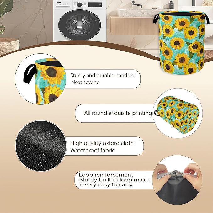 Yellow Sunflowers Laundry Hamper,Summer Floral Clothes Hamper for Laundry,Waterproof Oxford Toy Storage Collapsible Hampers for Bedroom, Dorm Room,Bathroom,16x20 Inch