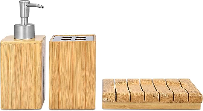Navaris Bamboo Bathroom Accessories Set - 3-Piece Bath Set with Toothbrush Holder, Liquid Soap Dispenser, Soap Dish - Bath Accessory Trio 3 Pieces