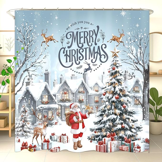 Christmas Shower Curtain，Santa Claus Castle Reindeer Shower Curtain，Winter Pattern Holoday Shower Bathroom Decor For Bathroom ，72x72 Inch Waterproof Polyester Insulated Home Decor Set，With Hooks
