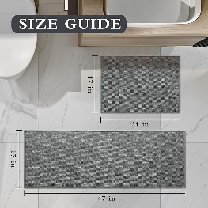 YIHOUSE Grey Bath Rug Set, 2 Piece Absorbent Non Slip Washable, Quick Dry Thin Bath Mat for Toilet and Floor