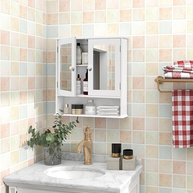 TaoHFE Medicine Cabinet, Medicine Cabinets for Bathroom with Mirror 2 Doors 3 Open Shelf, Bathroom Cabinet Wall Mounted Wooden Storage Over Toilet Laundry Room Kitchen