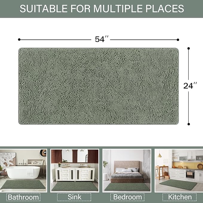 LOCHAS Luxury Bathroom Rug Shaggy Bath Mat 24 x 54 Inch, Washable Non Slip Bath Rugs for Bathroom Shower, Soft Plush Chenille Absorbent Carpets Mats, Sage Green