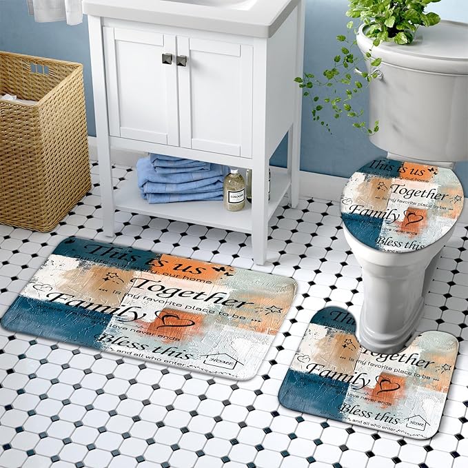 Lnond 4Pcs Bathroom Shower Curtain Sets with Rugs, Blue Orange Motivational Home Family Bathroom Sets with Shower Curtain and Rugs and Accessories