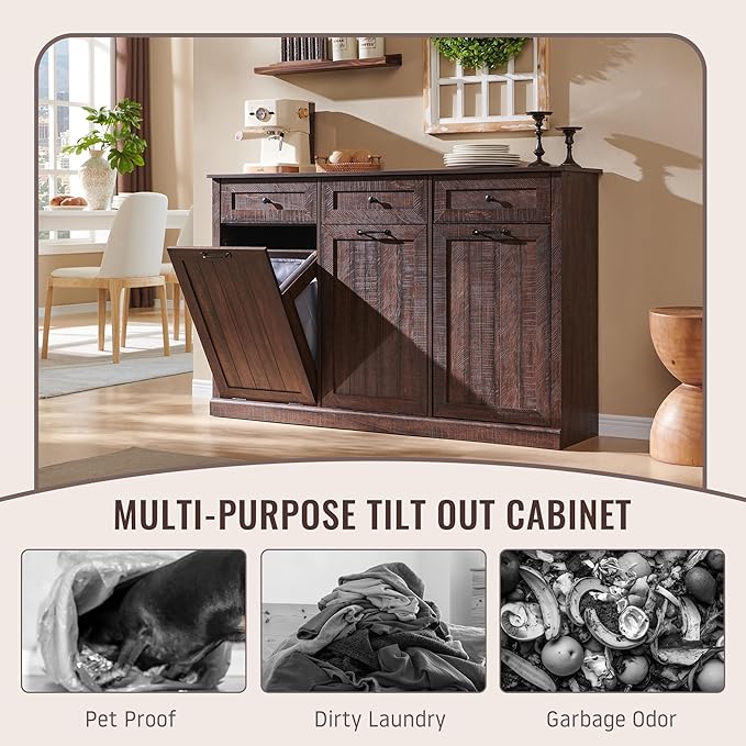 IFBUY Triple Tilt Out Laundry Hamper Cabinet, 20 Gallon Farmhouse Trash Can Cabinet w/Drawer & Adjustable Shelf, Hidden Garbage Can Bin Cabinets w/Laundry Basket for Bathroom, Kitchen (Brown)