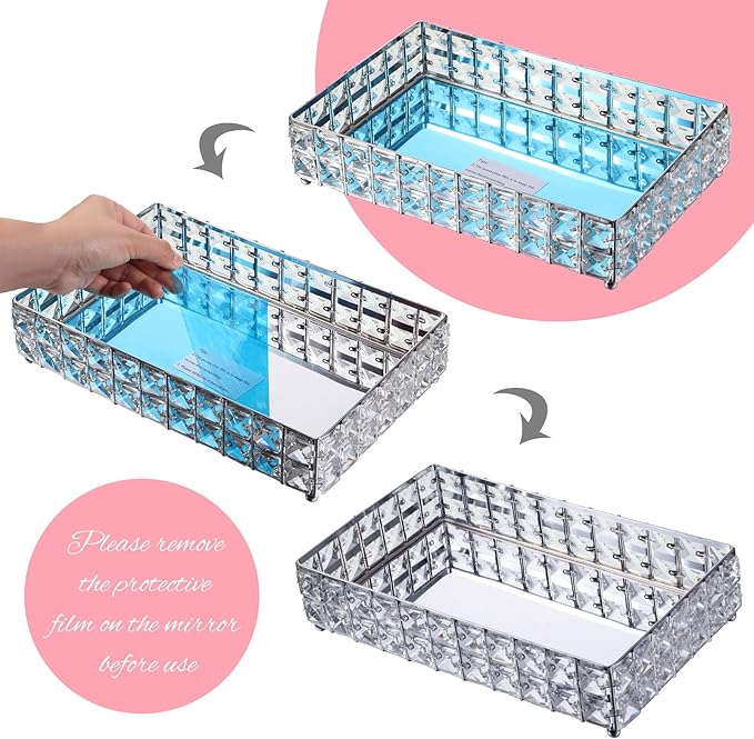 3 Pieces Crystal Makeup Brush Holder Organizer Vanity Makeup Tray Set, 2 Pcs Crystal Bling Cosmetics Brushes Cup 1 Storage Jewelry Trinket Tray Bathroom Sink Vanity Trays, 11.81 x 7.87 x 2.76 Inch