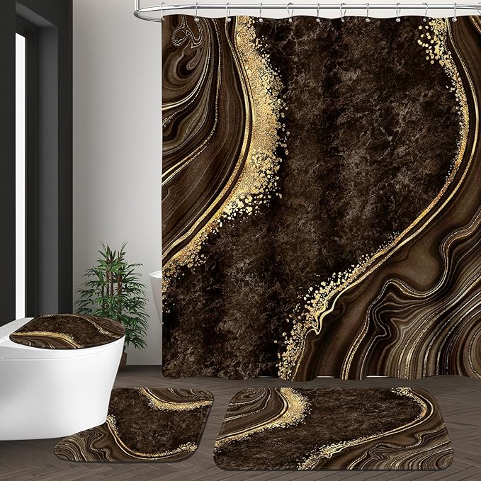 4PCS Brown Marble Shower Curtain Sets with Rugs, Abstract Bathroom Sets with Shower Curtain and Rugs, Modern Bathroom Curtains Shower Set with Toilet Lid Cover Accessories for Bathroom Decor