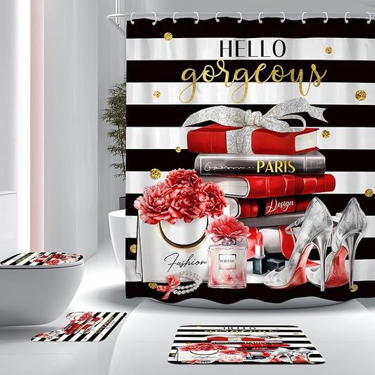 Cinbloo 4Pcs Black Red Burgundy Shower Curtain Set, Fashion Flower Perfume Women Girly Modern Bathroom Curtain with Rug, Toilet Lid Cover, Bath Mat, High Heels Magazine Shower Curtain with 12 Hooks