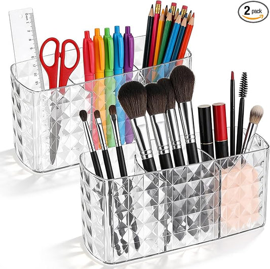 2 Pcs Makeup Brush Holder for Vanity Acrylic Makeup Brush Organizer 3 Compartment Cosmetic Organizer Clear Vanity Organizers for Brushes Pencils Pens Bathroom Living Room Desk