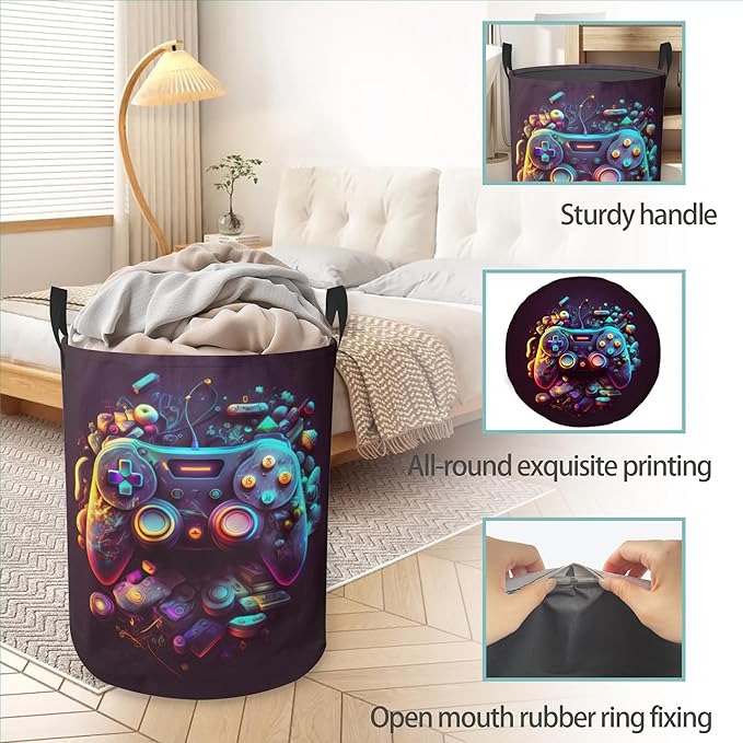 Laundry Hamper Foldable Oxford Cloth Game Controller Laundry Basket With Handle Portable Clothes Storage Organizer Basket Storage Bag For Laundry Room/Bedroom/Bathroom