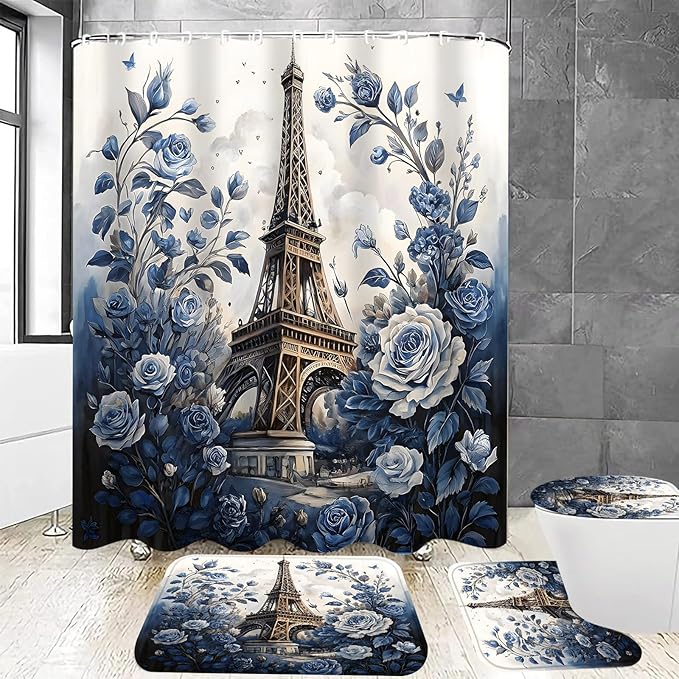 Chrainy 4Pcs Paris Eiffel Tower Shower Curtain Sets The Blue Rose Bathroom Set Decor with Non-Slip Rugs Bath U-Shaped Mat Toilet Lid Cover Waterproof Floal Bathroom Curtains Shower Set with 12 Hooks