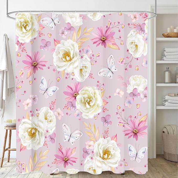 Pink Floral Shower Curtains, Watercolor White Roses Pink Pyrethrum Flower and Butterflies Shower Curtains, Waterproof Fabric Spring Floral Pattern Bathroom Shower Curtain, 72 x 72 Inch