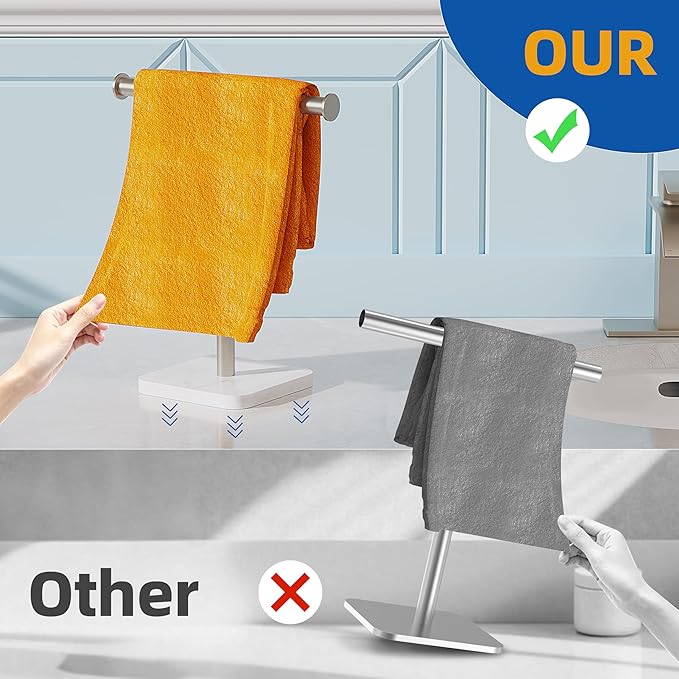 RUACQ Hand Towel Holder, T-Shape Free Standing Hand Towel Holder Stand with Marble Base, 304 Stainless Steel Hand Towel Stand for Bathroom Kitchen Vanity Countertop(Brushed Nickel)
