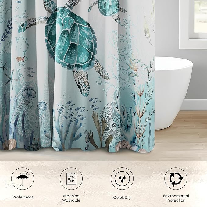 4 Piece Shower Curtain Set, Sea Turtle Waterproof Bathroom Set Accessories with Non-Slip Rugs, Toilet Lid Cover Bath Mat and 12 Hooks, Underwater Coral Starfish Animal Home Decor 72" x 72"