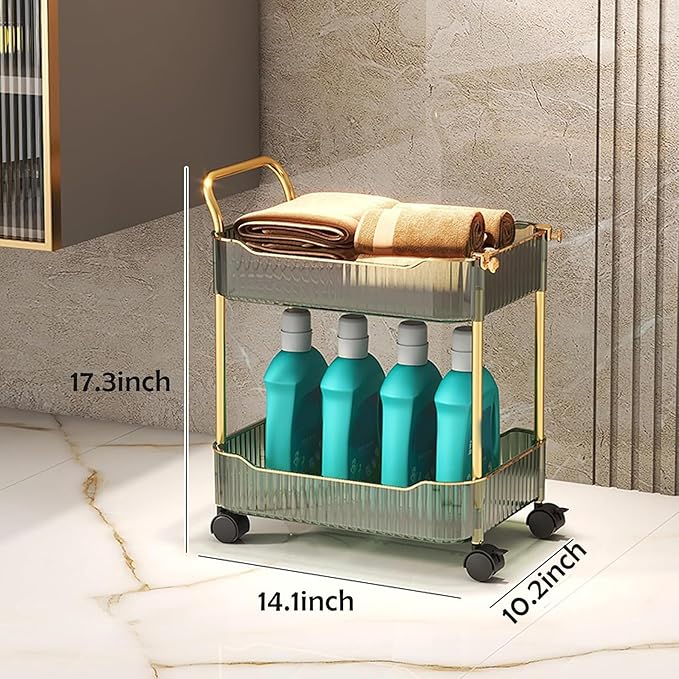 Acrylic Storage Trolley, Laundry Room Organization Mobile Shelves Bathroom Kitchen Rolling Utility Cart with Handle and Lockable Wheel(Green,14.1x10.2x17.3inch)