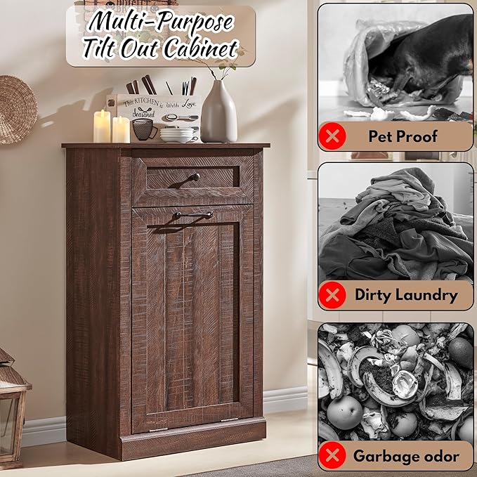 IFBUY Tilt Out Laundry Hamper Cabinet, 10 Gallon Farmhouse Trash Can Cabinet with Drawer, Hidden Wood Garbage Can Bin Cabinet with Laundry Storage Basket for Bathroom, Kitchen, Brown