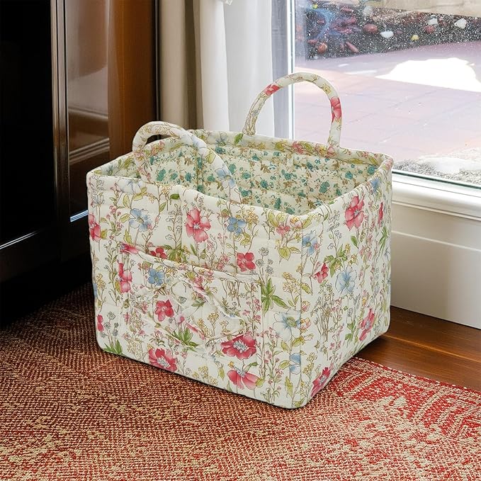 Quilted Laundry Basket with Handles, Aesthetic Collapsible Fabric Storage Basket for Clothes, Diapers & Toys - Multi-Purpose Boho Organizer Tote for Car, Home & Picnic (F)