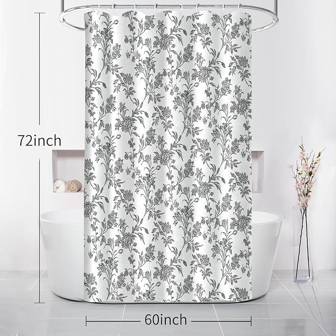 Seorsok Black Shower Curtain,Sage Cotton Floral Cottagecore,Elegant Floral Fabric Shower Curtain Machine Washable Waterproof Bathroom Decor 60'Wx72'L inches