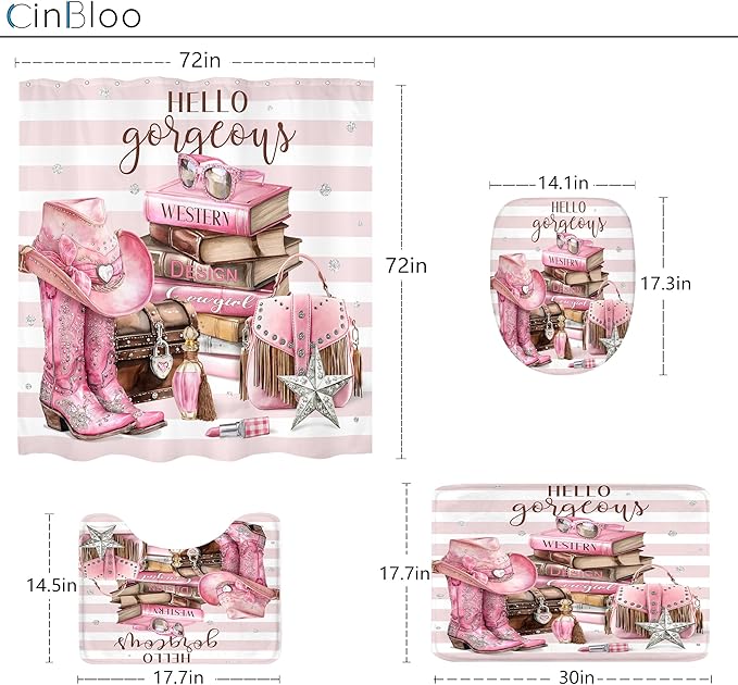 Cinbloo 4Pcs White Pink Shower Curtain Set, Western Cowgirl Fashion Diamond Boots Striped Hats Bathroom Curtain with Rug, Toilet Lid Cover, Bath Mat, Women Girls Books Shower Curtain with 12 Hooks