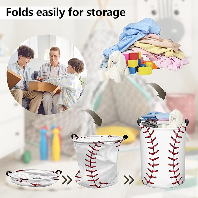 Baseball Laundry Basket, Collapsible Waterproof Oxford Cloth Laundry Hamper, Funny Round Kids Toys Storage Basket as Room Decor, Dirty Clothes Hamper for Bedroom Bathroom Dorm