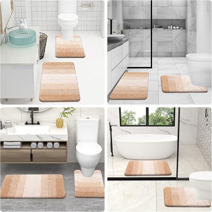OLANLY Bathroom Rugs Sets 3 Piece, Soft Absorbent Microfiber Bath Mats and U-Shaped Contour Toilet Rug, Plush Shaggy Bath Mat Set for Bathroom (47"x20"+24"x16"+24"x20", Beige)