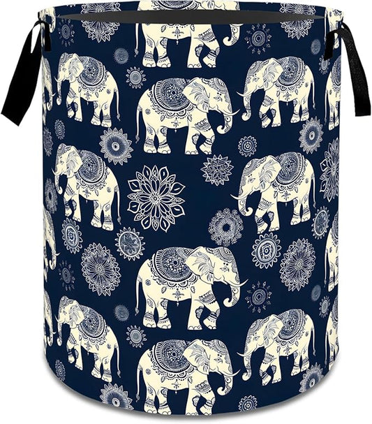 Retro Elephant Mandala Laundry Basket,Boho Dirty Clothes Hamper,Ethnic Animal Storage Bin Gifts,Foldable Waterproof Oxford Cloth Baskets for Bathroom,Bedroom,Home Decoration(19.7" x 15.8")