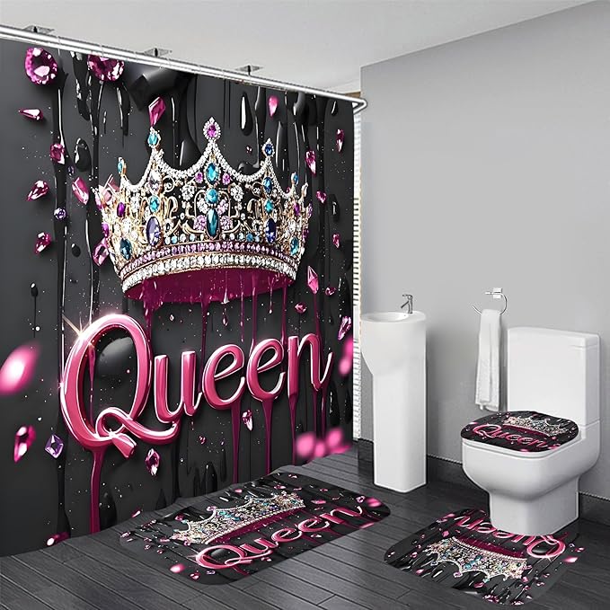 AZHM Pink Crown Print Shower Curtain Set 4 PCS Glitter Crystal Bathroom Decor with Shower Curtain and Rugs