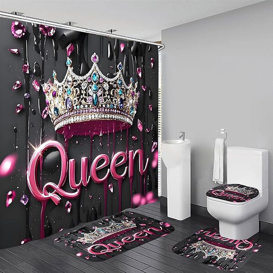 AZHM Pink Crown Print Shower Curtain Set 4 PCS Glitter Crystal Bathroom Decor with Shower Curtain and Rugs
