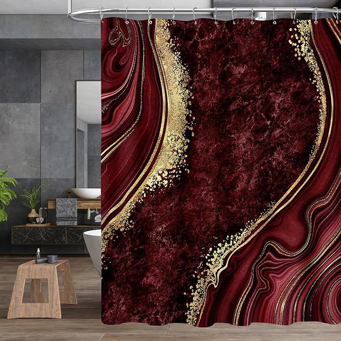 4PCS Burgundy Red Marble Bathroom Sets with Shower Curtain and Rugs, Abstract Gold Shower Curtain Sets with Rugs, Bathroom Curtains Shower Set with Toilet Lid Cover Accessories