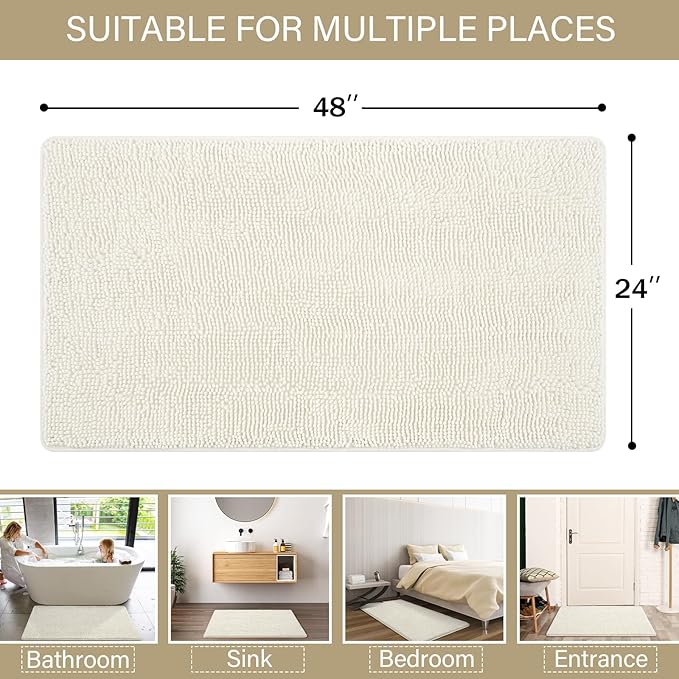 LOCHAS Luxury Bathroom Rug Shaggy Bath Mat 24 x 48 Inch, Washable Non Slip Bath Rugs for Bathroom Shower, Soft Plush Chenille Absorbent Carpets Mats, Cream White