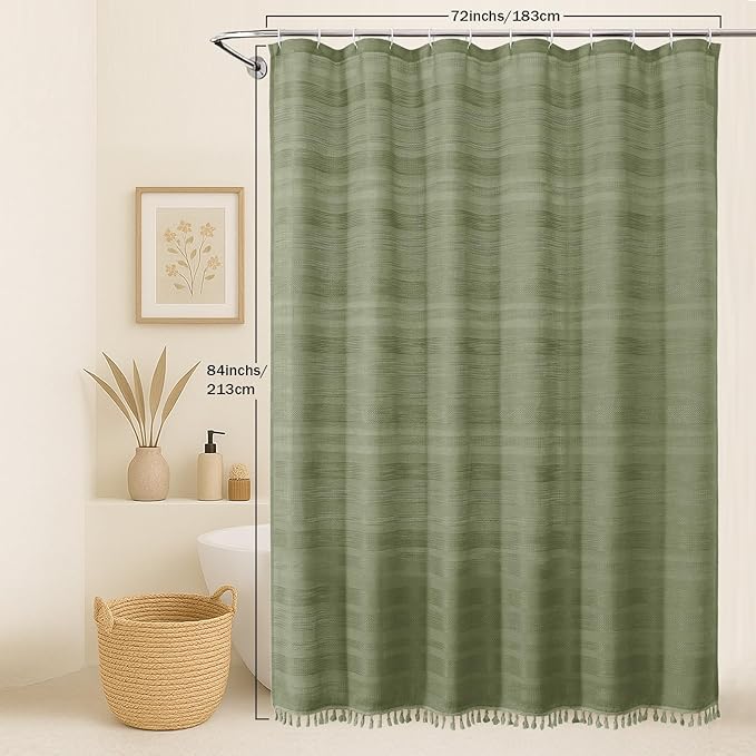 OVZME Extra Long Boho Shower Curtain 84 Inch Long, Modern Farmhouse Heavy Duty Linen Textured Soft Fabric, Rustic Country Cloth Shower Curtain with Tassel for Bathroom Hotel, 72Wx84L, Sage Green